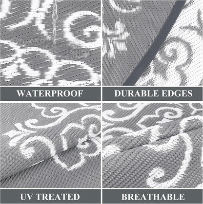 Pauwer Waterproof Outdoor Rug 8ft, Reversible Plastic Straw Patio Camping Rug, Indoor Outdoor RV Mat Carpet for Deck, Camper, Porch, Balcony, Backyard, Picnic, Floral Grey