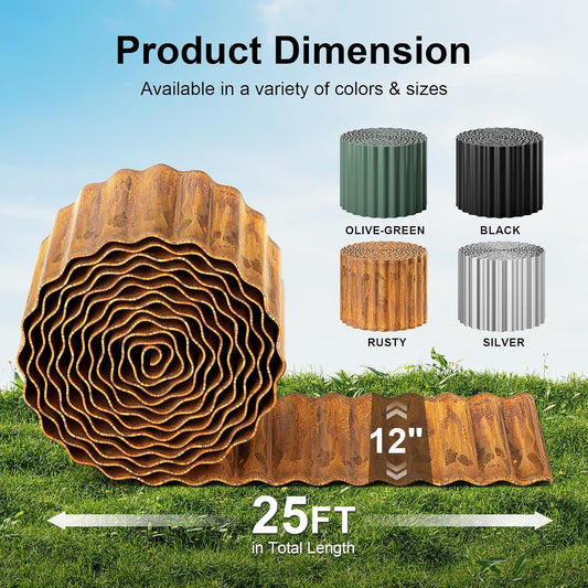 Land Guard Corrugated Garden Edging Border,12" x 25' Landscape Paver Edging, Tall Landscape Edging, Fence for Garden, Flower Bed, Lawn and Landscape Edging (Rusty)