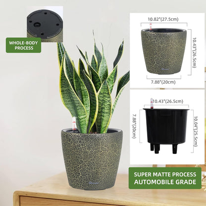 Dexceder 11x10 Inches Self Watering Planter Indoor Outdoor, Inner Pot Design, Thickened Table Flower Plant Pot with Water Level Indicator (Black Gold Crackle)