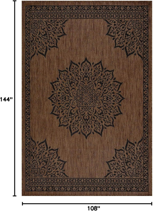 CAMILSON Outdoor Rug, 9x12 Medallion Nut Brown Black Modern Area Rugs for Large Indoor and Outdoor Patios, Kitchen and Hallway Mats, Washable Porch Deck Outside Carpet (Nut Brown Black, 9 x 12)