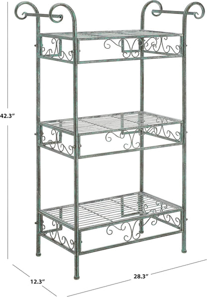 SAFAVIEH Outdoor Collection Noreen Victorian Scroll Antique Dark Green Wrought Iron 3-Tier Shelf
