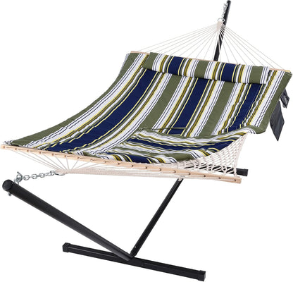 SUNCREAT Hammocks Double Outdoor Hammock with Stand, Cotton Rope Two Person Hammock with Polyester Pad & Large Pillow, Blue& Gray