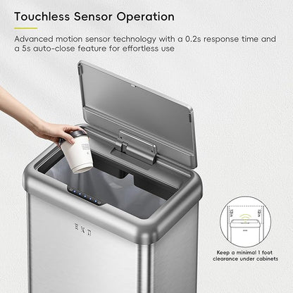 EKO Vintage 50L / 13.2 Gallon Motion Sensor Trash Can, Dual Compartment 32L + 18L Stainless Steel Kitchen Garbage Bin, Touchless Automatic Waste & Recycling Bin with Lid for Home or Office