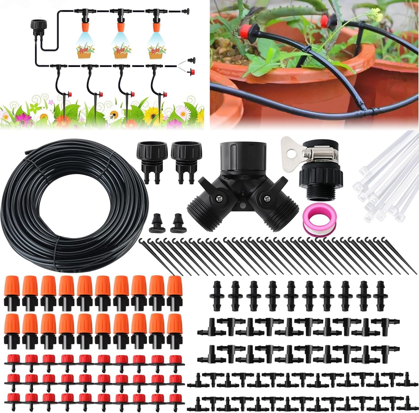 Drip Irrigation Kit, Garden Irrigation System 1/4" Blank Distribution Tubing Watering Drip Kit/DIY Saving Water Automatic Watering System for Garden, Greenhouse, Flower Bed, Patio, Lawn