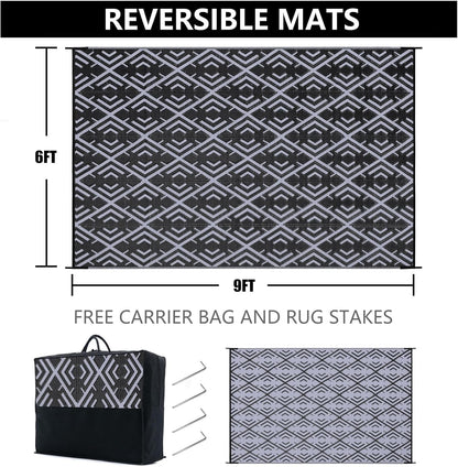 Outdoor Plastic Straw Rug, Waterproof Outdoor Rugs for Patios Clearance, Reversible Area Rug, Large Outside Carpet for Camping, Balcony, RV, Deck, Picnic, Beach (6x9ft Boho/Black&Grey)