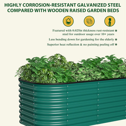 MUPATER 9-in-1 Galvanized Steel Planter Box, 24''H Modular Garden Bed Outdoor with 2 Aluminum Support Rods, 6x3x2FT Raised Garden Bed Kit Oval for Herbs, Vegetables and Flowers, Garden, Green