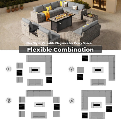 ovios 13 Pieces Patio Furniture Set, Outdoor Wicker Sectional Sofa with 54 Inch Fire Pit Table Comfy Cushions, Modern Modular Deep Seat Rattan Couch Conversation Set, Dark Grey