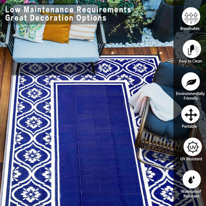 Outdoor Rug 8x10 Patio Waterproof Mat Camping Carpet Outside Area Rug Reversible Light Blue Rugs for RV Deck Entryance Porch Picnic Balcony Beach