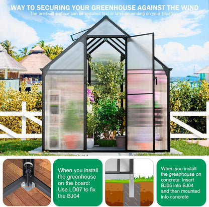 Polycarbonate Greenhouse, 8.2x6.2 FT Easy Assembly Aluminum Heavy Duty Greenhouses for Outdoors w/ Window, Swing Door, Walk-in Green House for Sunroom,Outside, Backyard, Garden, Black