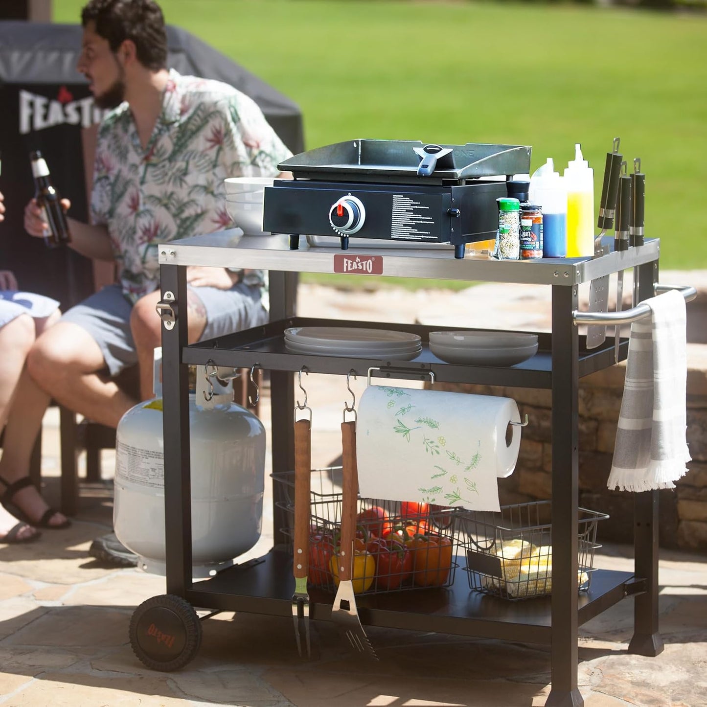 Three-Shelf Movable Food Prep and Work Cart Table, Home and Outdoor Multifunctional Stainless Steel Table Top Worktable on Two Wheels, L39.5''x W25.6''x H33'', Cover Included