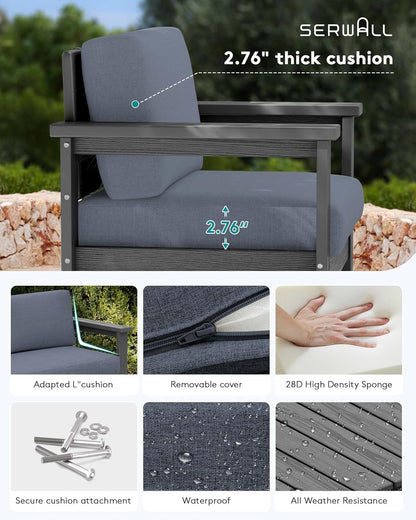 SERWALL 8 Pieces HDPE Outdoor Conversation Sofa Set with Cushions, All Weather Use Couch Loveseat Furniture Set with Pads, Outdoor Social Sofa Coffee Table Set, Grey Frame with Grey Cushions