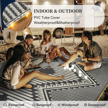 MontVoo Outdoor Rug with Led String Strip Lights 8x10 ft Waterproof Outdoor Patio Rug Mat Reversible Plastic Straw Rug Outside Outdoor Rug for RV Camping Picnic Balcony Fairy Boho Outdoor Decor