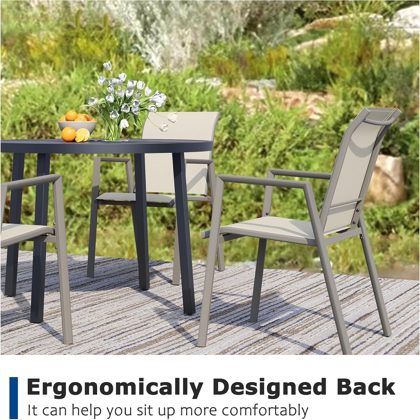 Outdoor Patio Chairs Set of 2, Ivory Beige Stackable Outdoor Chairs, Lightweight Patio Set with High Back, Metal Dining Chair for Lawn, Garden, Yard and Deck