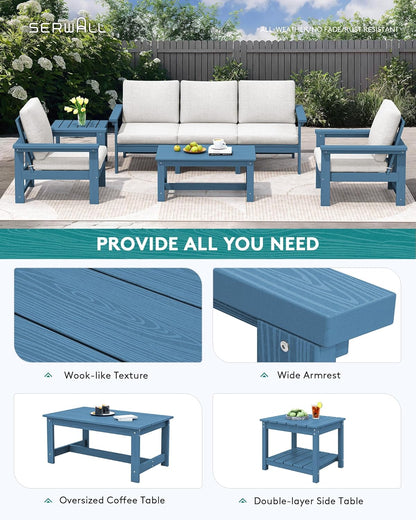 SERWALL HDPE Patio Furniture Set, 7-Piece Outdoor Sectional Sofa Set, All Weather Outdoor Couch Set for Deck, Lawn, Blue Frame with Grey Cushion