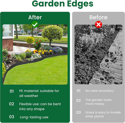 Landscape Edging, 33' 4" Tall Garden Edging with Scissors, Lawn Edging with 30 Garden Spikes and 2 Connectors, Heavy Duty PP&PE Material Edging for Landscaping, Garden, Lawn, Black