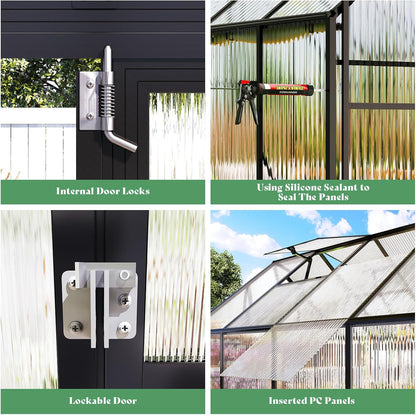 Amerlife 8x10x7 FT Polycarbonate Greenhouse for Outdoors, Walk-in Design with Aluminum Frame, 2 Windows and Swing Door, Heavy-Duty Greenhouse Construction for Garden, Black