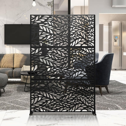 Metal Privacy Screen Outdoor 72" H×47" W,Freestanding Decorative Privacy Screen for Balcony Yard&Garden,Privacy Fence-Black&Leaves