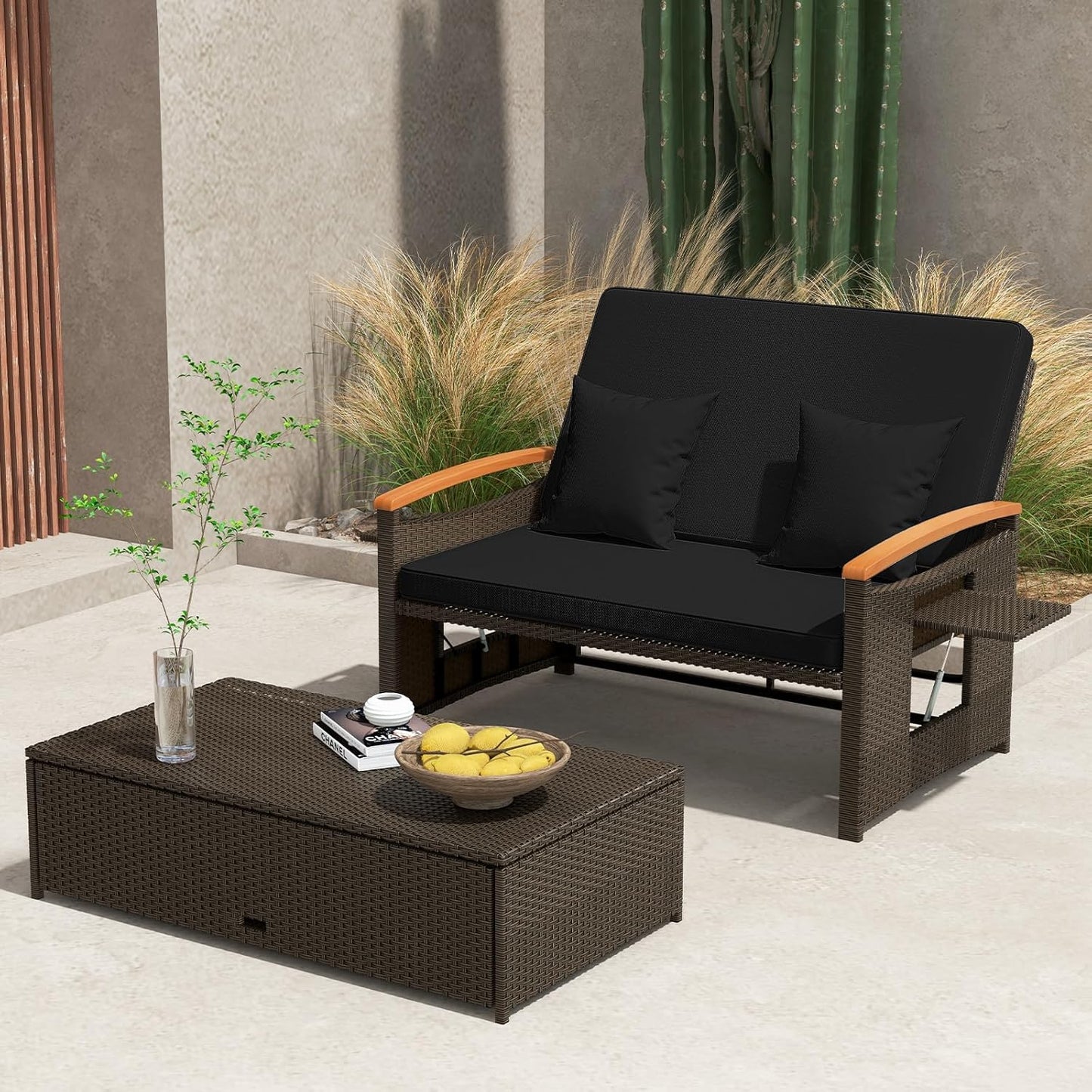 Tangkula Patio Rattan Daybed Set with Cushioned Loveseat and Storage Ottoman, Outdoor Double Chaise Lounger with 4-Level Adjustable Backrest and Retractable Side Trays for Backyard (Black)