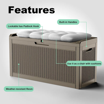 60 Gallon Resin Deck Box, Lockable Outdoor Storage Box for Patio Cushions Storage Furniture,Garden Tools, Pool Supplies, Weatherproof and UV Resistant (Grey Rattan)