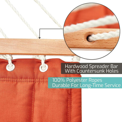 Double Quilted Fabric Hammock with Hardwood Spreader Bars and Pillow 450 LBS Capacity 2 Person Large Hammock for Outdoor Patio Backyard Poolside - Terracotta