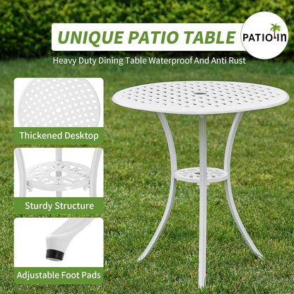 Bistro Set 3 Piece Outdoor Patio Bistro Set with Umbrella Hole, Rust Resistant White Bistro Table and Chairs Set of 2 Cast Aluminum Furniture for Porch Garden White