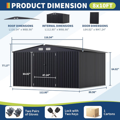 8x10 FT Metal Storage Sheds Outdoor, Metal Yard Sheds MetalGarden Shed Kit, MetalTool Shed with Lockable Door, Utility Buildings with Air Vent for Backyard Garden Patio Lawn