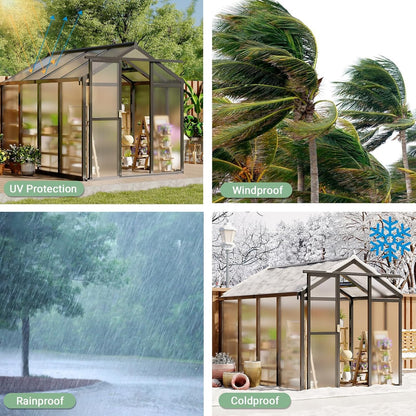 6 x 8 FT Greenhouse, Greenhouses for Outside, Polycarbonate Greenhouse with Aluminum Frame, Lockable Door and Ajustable Roof Vent for Backyard, Green Houses for Outside Garden Backyard, Patio