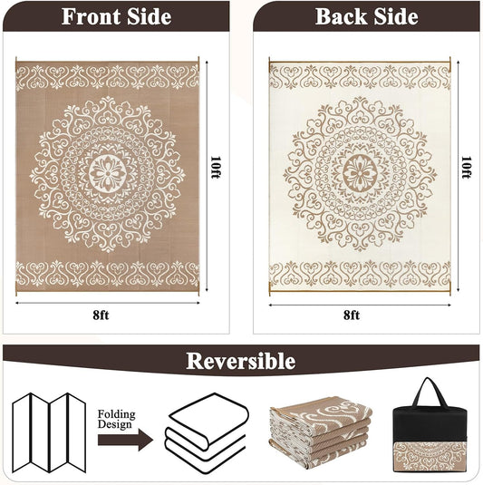 Pauwer Waterproof Outdoor Rug 8x10, Reversible Plastic Straw Patio Camping Rug, Indoor Outdoor RV Mat Carpet for Deck, Camper, Porch, Balcony, Backyard, Picnic, Floral Brown