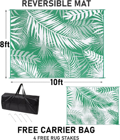 Outdoor Rug 8'x10' Waterproof for Patios Clearance, Reversible Outdoor Plastic Straw Rug Camping Carpet, Outside Floor Mats Large Area Rugs for RV,Patio,Deck,Porch, Beach,Balcony,Green&White