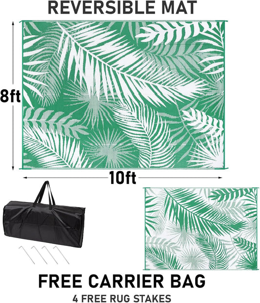 Outdoor Rug 8'x10' Waterproof for Patios Clearance, Reversible Outdoor Plastic Straw Rug Camping Carpet, Outside Floor Mats Large Area Rugs for RV,Patio,Deck,Porch, Beach,Balcony,Green&White