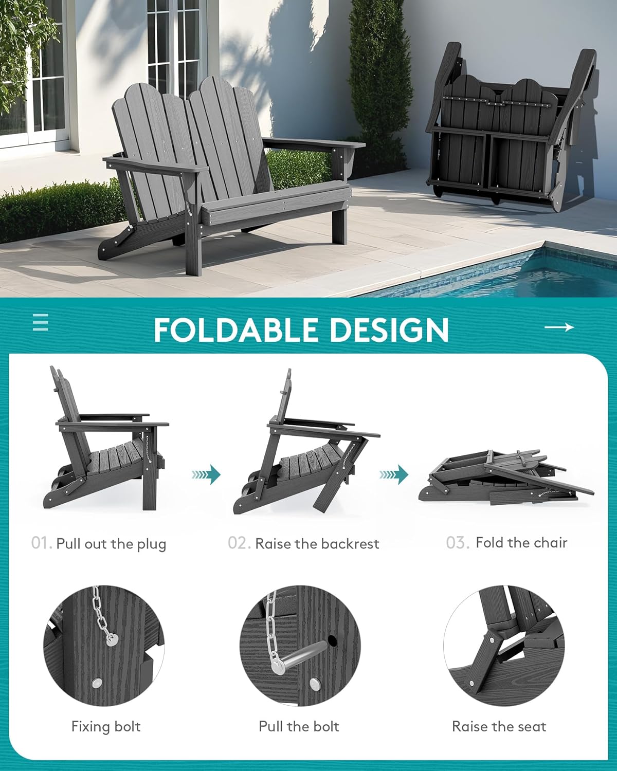 SERWALL 2 Person Adirondack Loveseat, HDPE All-Weather Folding Adirondack Bench Chair, Outdoor Adirondack Chair Set of 4, Grey