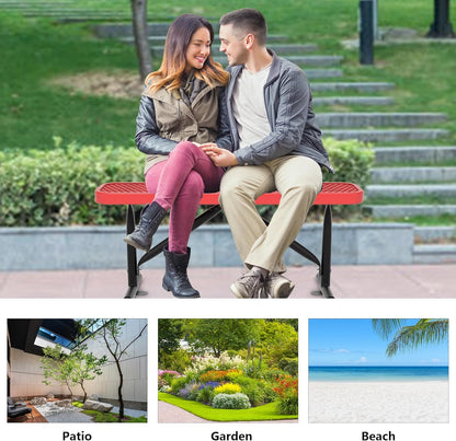 4 Feet Heavy Duty Metal Park Bench for Outside, Outdoor Bench with Portable Frame, Commercial Benches for Shopping Mall, Store, Park, Patio, Deck, Red
