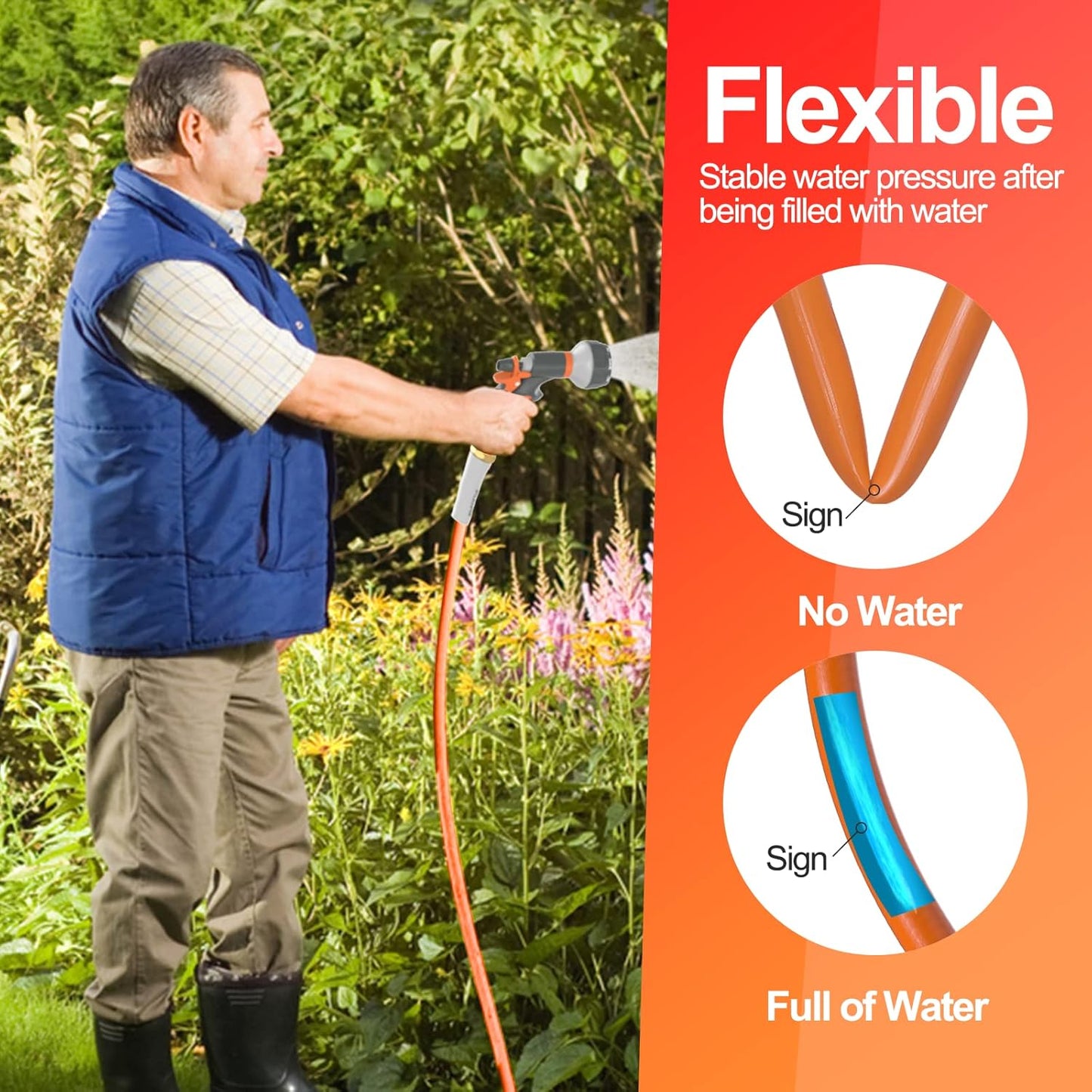 Garden Water Hose 25 ft x 5/8 in Heavy Duty, Flexible and Lightweight, Burst 600 psi, Kink-less Hybrid Rubber Pipe for Backyard, 3/4'' Brass Fittings, Orange