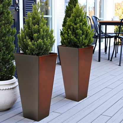 Worth Garden Large Metal Glazed Planter Set of 2 (25" + 28"), Luxurious Glossy Finish Red Tall Square Tapered Steel Plant Pot, Decor Flower Pot Indoor & Outdoor, Drainage Hole & Dual-Purpose Saucer