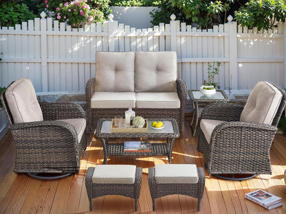 HUMMUH Patio Furniture 7-Piece PE Wicker Outdoor Conversation Set,All-Weather Rattan Swivel Chairs with Ottomans Glider Loveseat for Backyard,Poolside,Deck