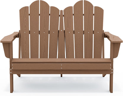 SERWALL Folding Adirondack Bench, HDPE All-Weather Adirondack Loveseat, 660 lbs Capacity, Foldable Outdoor Patio Bench for Deck, Lawn, Garden, Brown