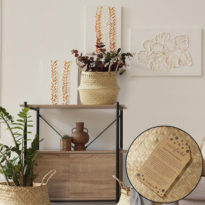 Casafield Seagrass Belly Storage Basket Planter with Handles - Small, Natural Woven Wicker Indoor Plant Pot Cover for Plants and Trees