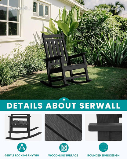 SERWALL Outdoor Rocking Chair Set of 4,HDPE Rocking Chairs for Adult, All Weather Porch Rockers for Lawn Garden, Black