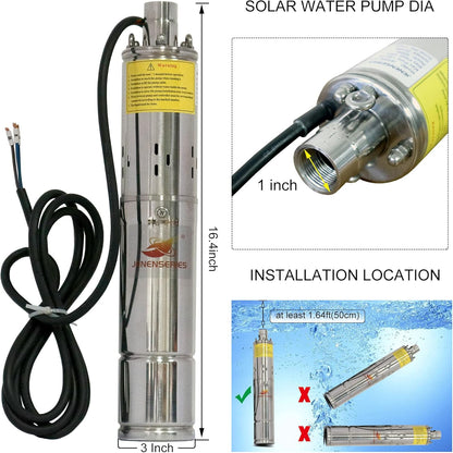 Pump 500W DC 48V Solar Water Pumps, Max head 393ft,7.9GPM Flow，3 inch Solar deep well submersible Pumps with MPPT controller float switch kits for home or farm