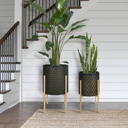 Oakrain Mid Century Planters for Indoor Plants, Set of 2, Modern Decorative Metal Pots for Living Room, Office, Garden or Balcony, Black&Golden Honeycomb, 10inch&12inch