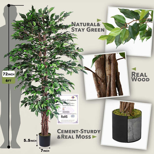 Aveyas 6ft Artificial Ficus Tree for Home Decor, 6 Feet Faux Plant Fake Silk Trees with Pot for Indoor Outdoor House Living Room Office Garden (6 ft Tall)