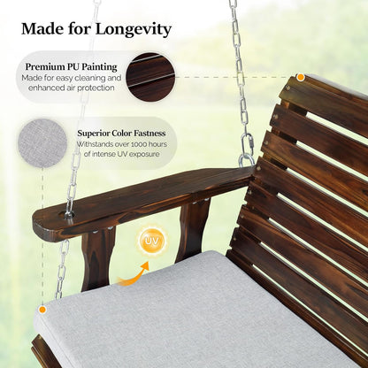 VINGLI Outdoor 4 FT Porch Swing, Heavy Duty 880 LBS Wooden Patio Swings with Cushions, Farmhouse Style Hanging Bench with Adjustable Chains for Yard | Garden | Lawn | Balcony, Rustic