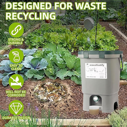 18.8L Bokashi Bucket with Snap-Locked Lid, 5 Gallon Compost Bin, Kitchen Composter with Bran, Kitchen Compost Pail, ecocultivatify Bokashi Kit Set with Starter (Grey & Dark Green)