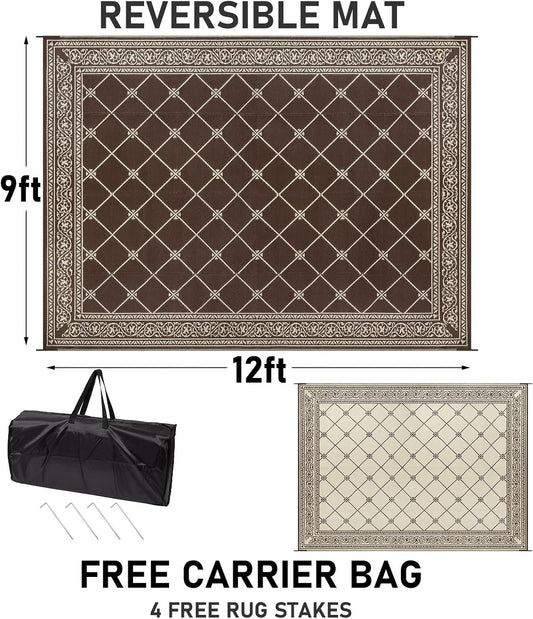 HiiARug Outdoor Rugs 9x12 for Patios Clearance Brown Camping Rug for RV Outside, Reversible Waterproof Plastic Straw Rug Large Outdoor Rug for Porch Beach Picnic Camper