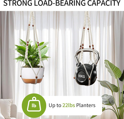 43 Inch Macrame Plant Hanger - Fits 6-15 Inch Pots, Extra Long Hanging Planter Holder for Indoor Outdoor, with Red Wood Beads, Boho Home Decor, 2 Pack, Ivory (POTS NOT Included)