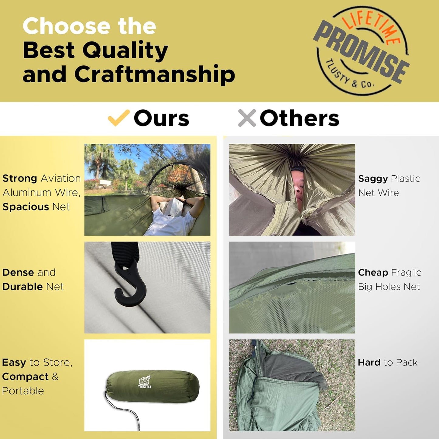 Miztli Camping Hammock -Portable Hammock w/Spacious Net & Tree Straps w/Adjustable Loops, Double and Single Hammock for Outdoor, Indoor, Hiking and Travel