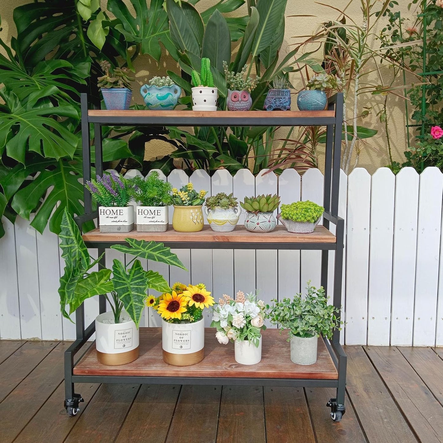 Rustic Plant Stand with Wheels 37“ H, Rolling Plant Shelves Rack Indoor Outdoor,Metal Plant Stand with Solid Wood for Multiple Plants,Industrial Ladder Plant Flower Shelf for Garden,Living Room,Brown