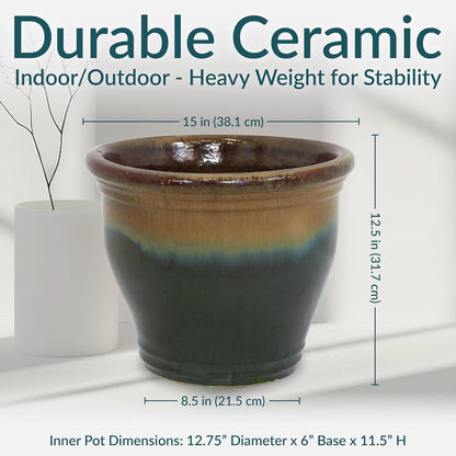 Sunnydaze Studio Large Ceramic Plant Pot - Round Outdoor Glazed Ceramic Planter Pot with Drainage - Forest Lake Green - 14.5"