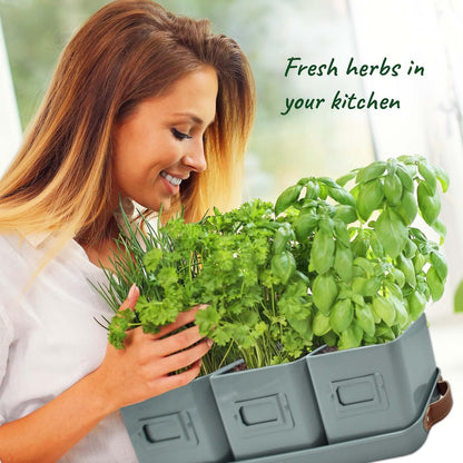 Herb Planter Indoor - Set of 3 Grey Indoor Herb Garden Pots for Plants with Leather Handled Tray - Window Sill Plant Shelf - Herb Pots with Drainage Holes and Labels