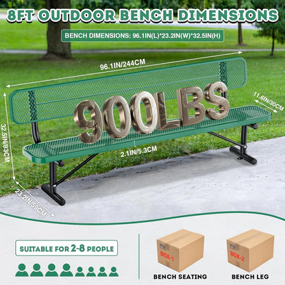 8FT Heavy Duty Park Bench with Back Portable Frame, Outdoor Metal Park Bench with Backrest, Steel Mesh Outdoor Bench for Garden, Lawn, Patio, Porch, Park, Yard, Green